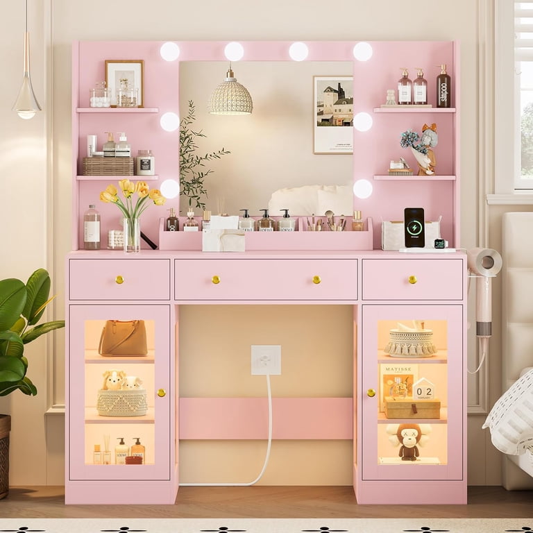 PUFFCAFE Vanity Desk with Mirror and Lights,Dressing Table with RGB  Cabinets & Charging Station,47.24 Large Pink Vanity