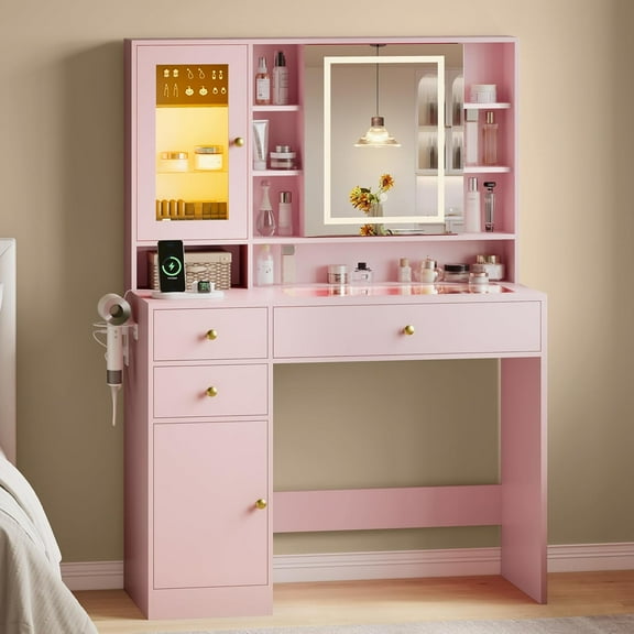 PUFFCAFE Vanity Desk with Mirror and Lights & Jewelry Organizer & Glass Top & Charging Station & Hidden Compartment,Pink Vanity