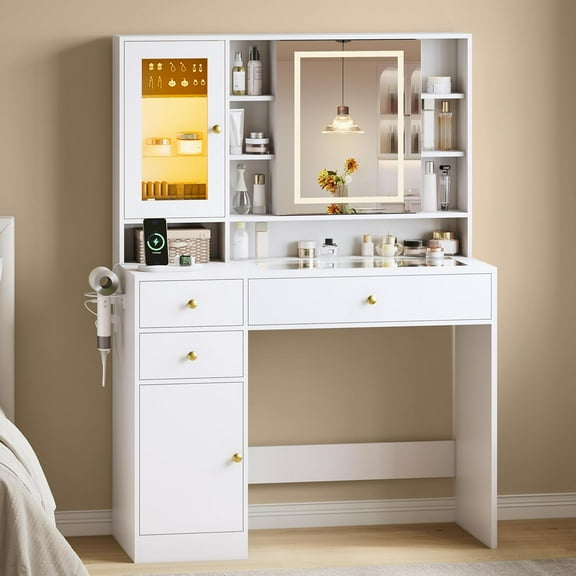 PUFFCAFE Vanity Desk with Mirror and Lights & Jewelry Organizer & Glass Top & Charging Station & Hidden Compartment,White Vanity