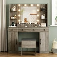 thumbnail image 1 of PUFFCAFE Vanity Desk with Mirror and Lights,Large Makeup Vanity Table Set with Drawers & Chair & Power Outlet,Gray Vanity for Bedroom, 1 of 6