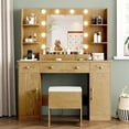 thumbnail image 1 of PUFFCAFE Vanity Desk with Mirror and Lights,Large Makeup Vanity Table Set with Drawers & Chair & Power Outlet,Oak Vanity for Bedroom, 1 of 6