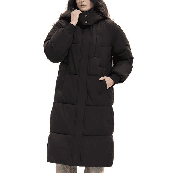 PUFFIT Women Long Puffer Jacket Hood Winter Water Repellent Puffer Coat Wind-resistant Warm Ladies Quilted Padded Coat Big Pocket