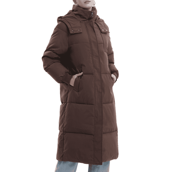 PUFFIT Women Long Puffer Jacket Hood Winter Water Repellent Wind-resistant Warm Ladies Quilted Padded Coat Big Pocket