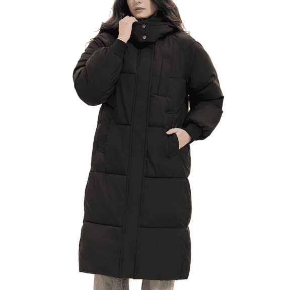 PUFFIT Women Long Puffer Jacket Hood Winter Water Repellent Wind-resistant Warm Ladies Quilted Padded Coat Big Pocket