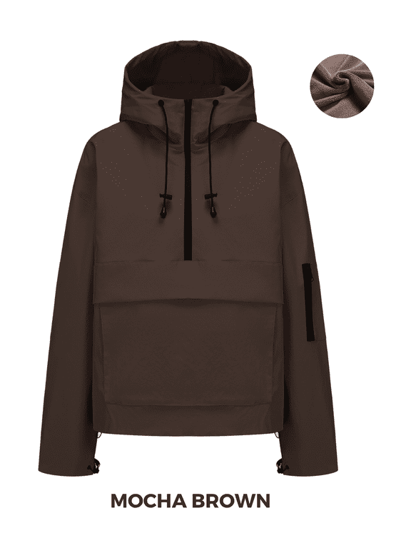PUFFIT Women's Fleece Lined Waterproof Rain Jacket, Hooded Half Zip Pullover Warm Winter Coat with Kangaroo Pockets, Adjustable Waist