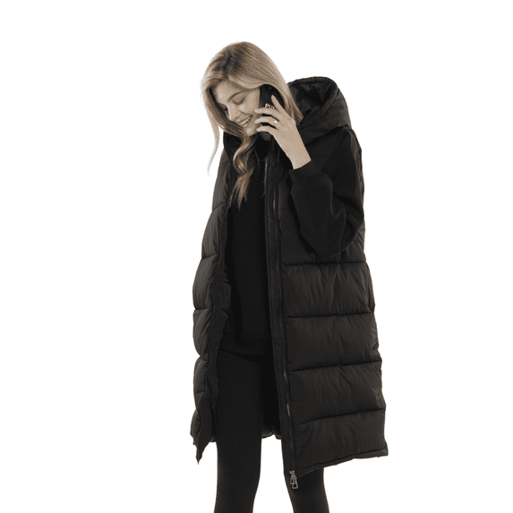 PUFFIT Women's Long Puffer Vest with Hood, Hidden Zipped Side Pockets, Stand Collar, Sleeveless Puffy Bubble Gilet Outwear