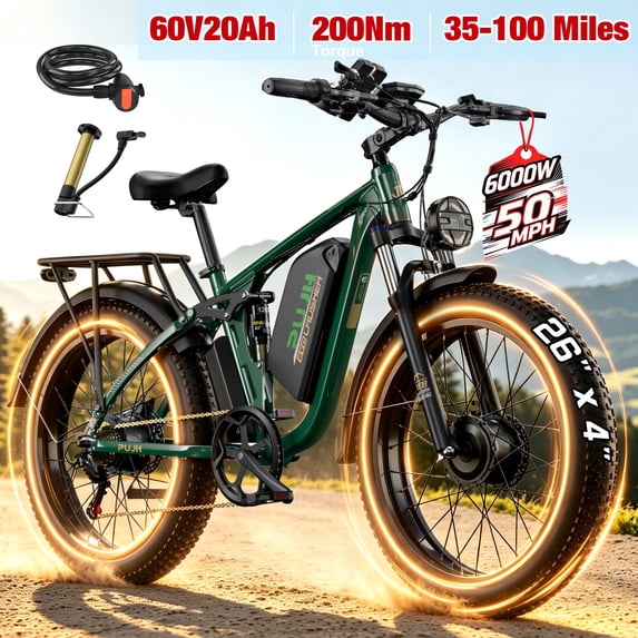 PUJH 26 Inch Fat Tire Electric Dirt Bike 6OOOW Dual Motor 60V 20Ah 50 m/h 35-100 miles 200Nm 40 Degree Full Suspension Hydraulic Brake for Adults