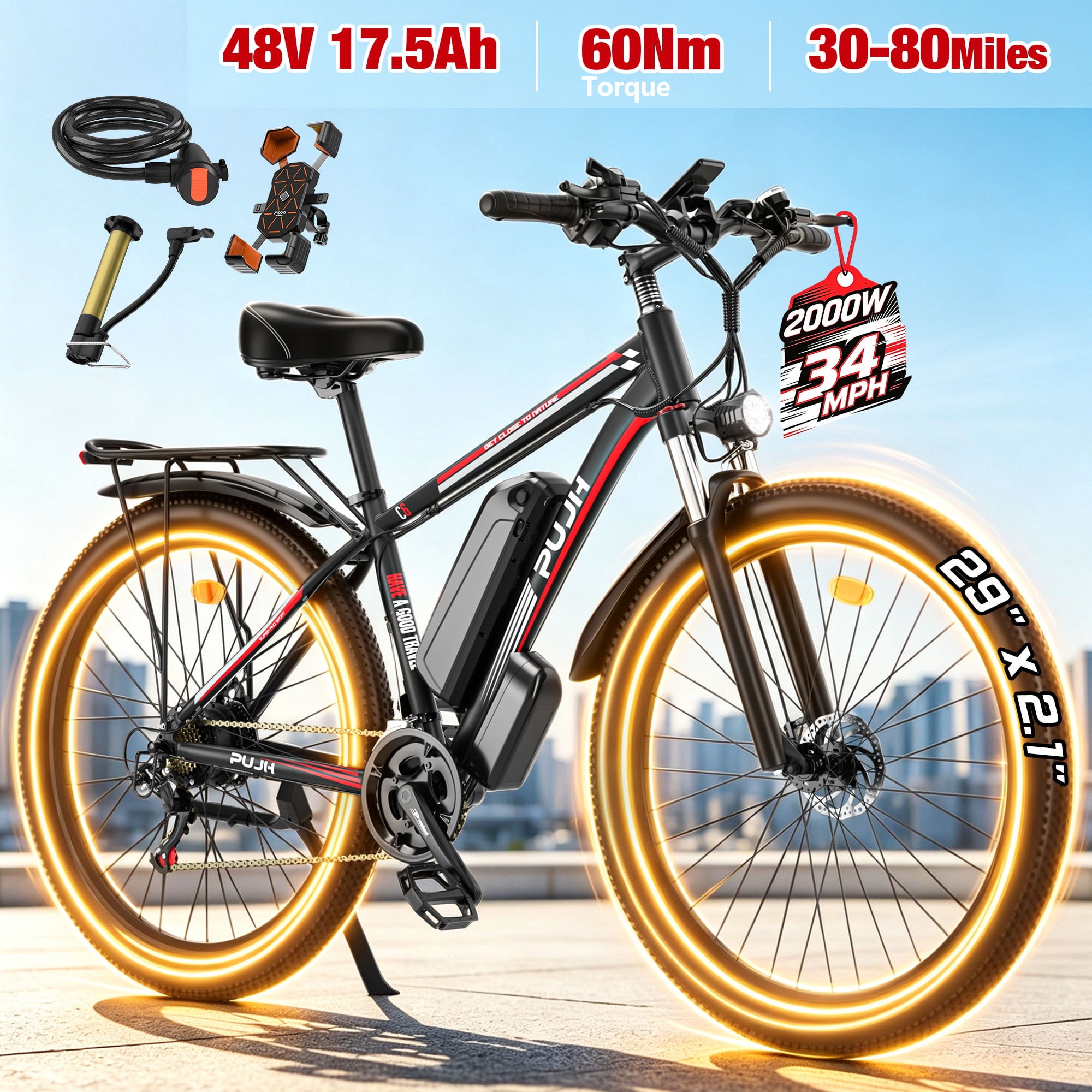 PUJH 29 inch Electric Bicycles for Adults 2OOOW Peak Hub Motor 48V 17 ...
