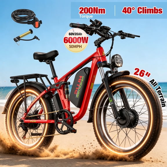 PUJH 6000W Peak Dual Hub Motor Fat Tire Electric Bike, 26 x 4 Inch eMTB with 60V 20Ah Lithium-ion Battery, Full Suspension Mountain Electric Bike
