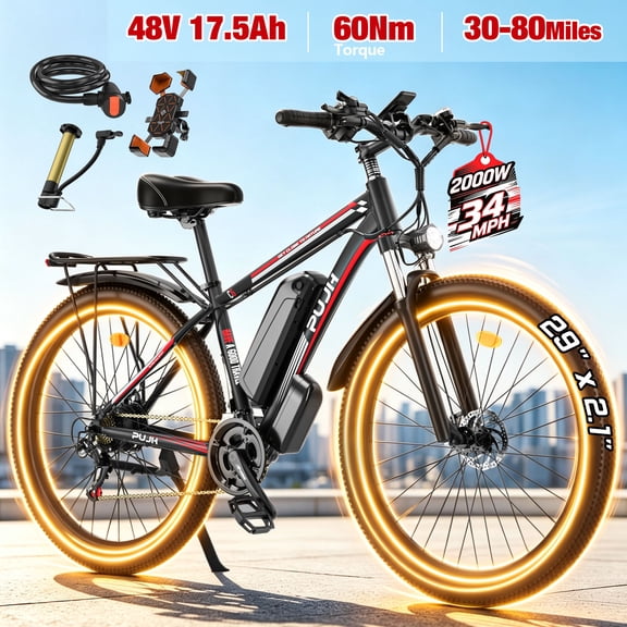 PUJH 750W Ebike 29 inch Electric Bicycles for Adults Men 48V 17.5Ah Removable Battery 28mph 75 Mile Range 21 Speed Front Suspension Disc Brake