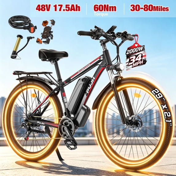 PUJH Electric Dirt Bike 2000W 48V 17.5Ah Long Range 34MPH 30-80mi 60Nm 29x2.1 Tire Front Fork Disc Brake 30Deg Climb 330lb 6061 Aluminum for Adults