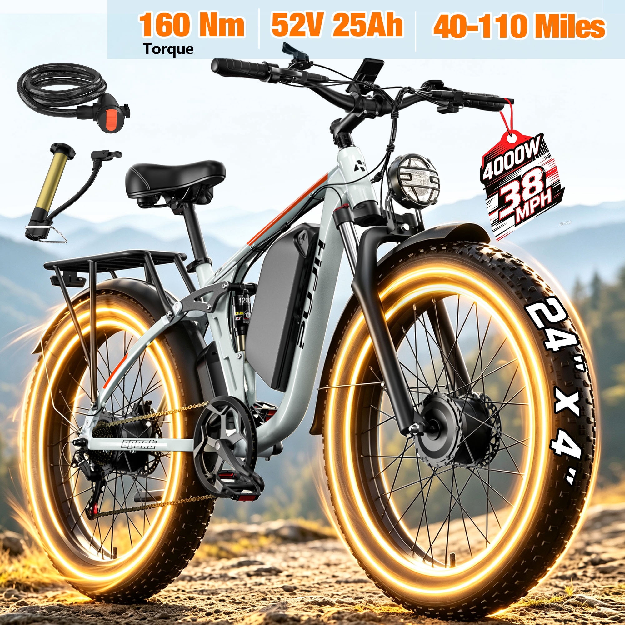 PUJH High Torque Dual Motor Electric Bike, Fat Tires, 160Nm Power Output, Full Suspension Mountain eBike for Adults