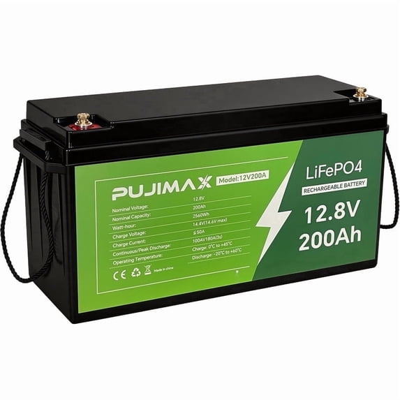 PUJIMAX 12V 200Ah LiFePO4 Battery, 8000+ Cycles Deep Cycle for RV, Solar, Trolling Motor, Built-in 100A BMS