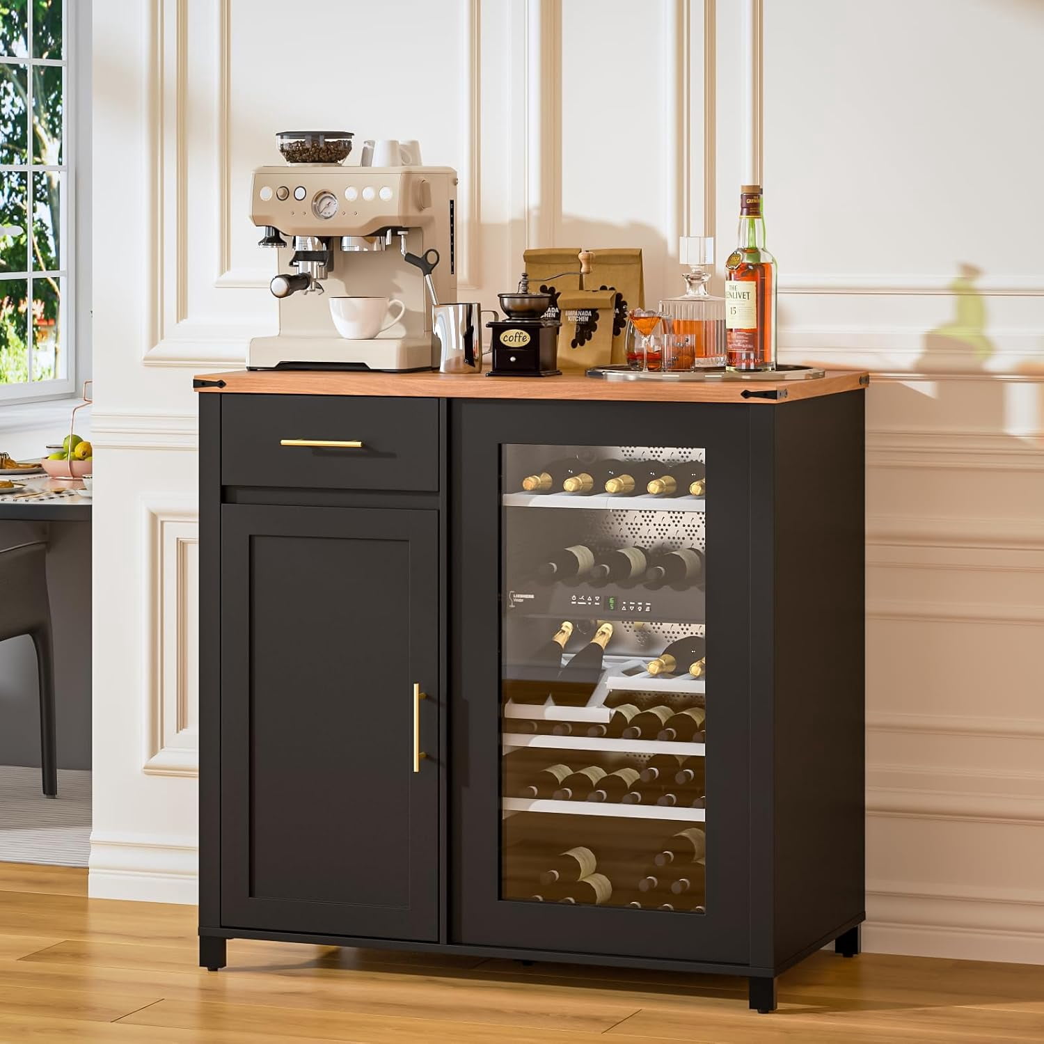 PUKAMI 39.3" Large Coffee Bar Cabinet with Fridge Space, Mini Fridge Cabinet with Storage Cabinets & Outlets, Liquor Wine Bar Cabinet for Home, Kitchen, Dining Room, Black