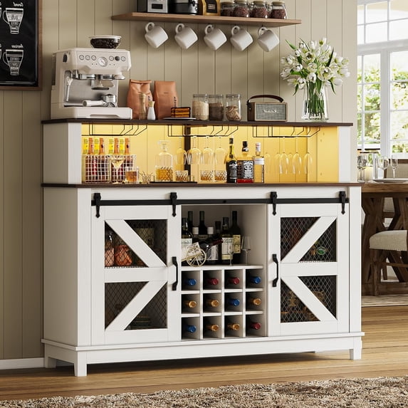 PUKAMI 55" Farmhouse Coffee Bar with LED Lights, Coffee Bar Cabinet with Storage and Hutch, Wine Bar with Sliding Barn Door & Wine and Glass Rack for Living Room, Kitchen (White)