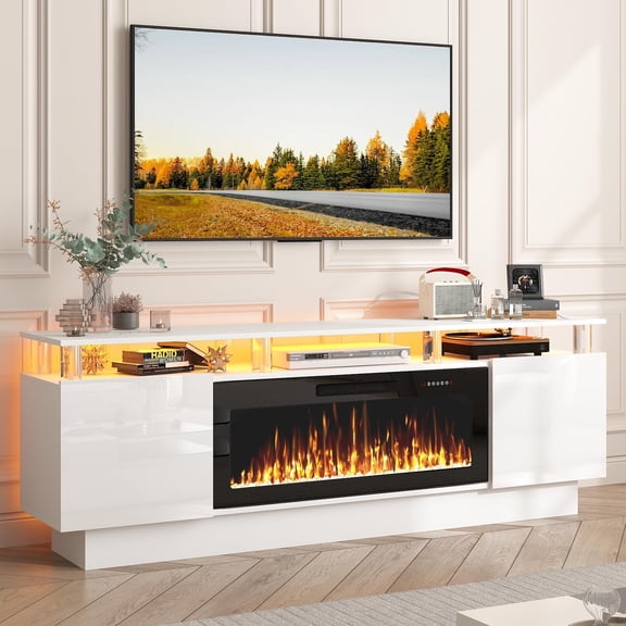 PUKAMI 70" Fireplace TV Stand with 36" Electric Fireplace, LED Light Entertainment Center with Storage, 2 Tier Modern Wood Media TV Console with Highlight Cabinet for Living Room, White