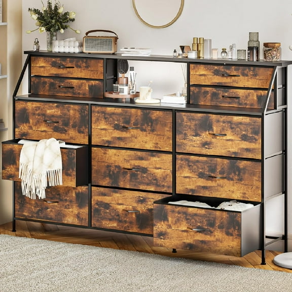 PUKAMI 72" Long Dresser for Bedroom, 13 Fabric Drawers Dresser for Closet, Wide Chest of Drawers with 2 Open Shelves, Large TV Stand for 70,80 Inch TV, Wood Top, Rustic Brown