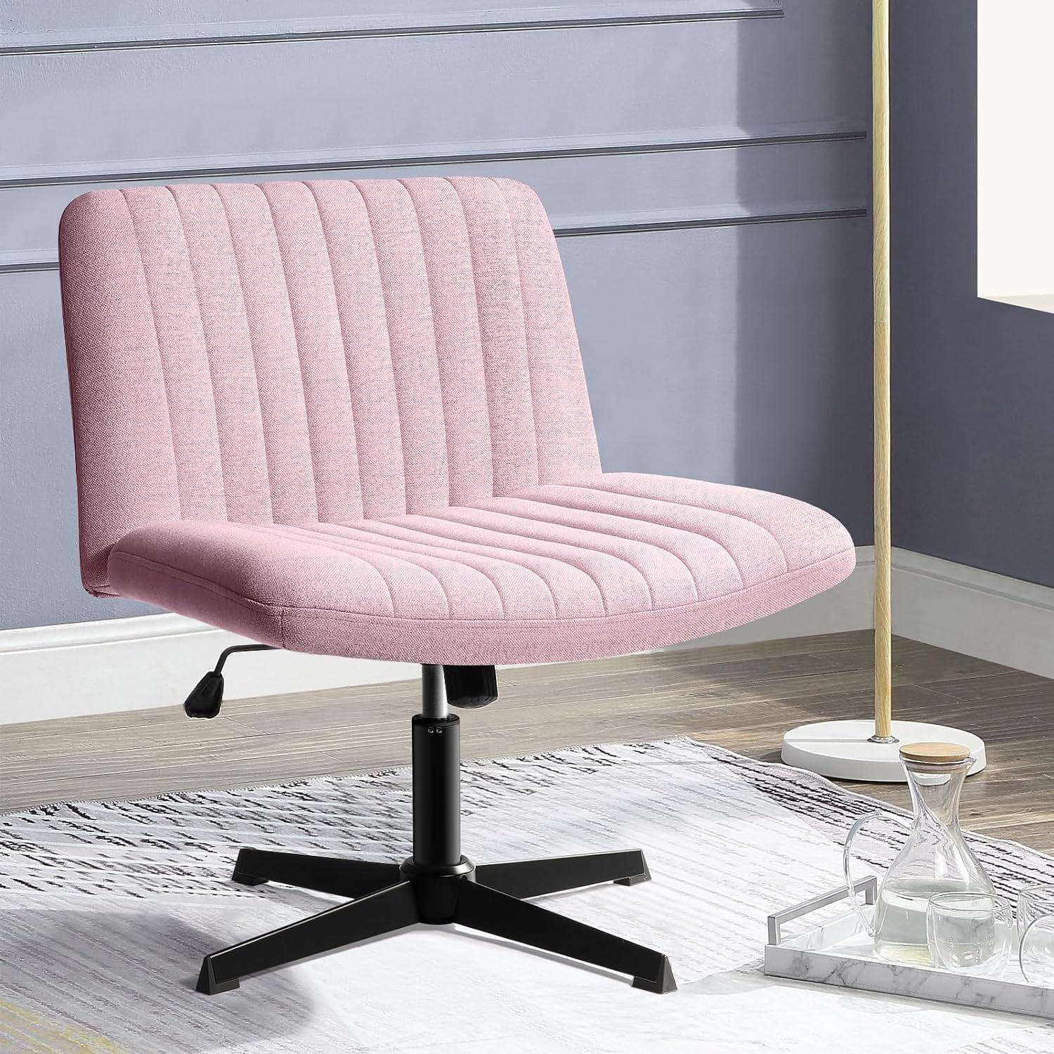 PUKAMI Armless Office Desk Chair No Wheels Fabric Padded Modern Swivel Height Adjustable Wide Seat Computer Task Vanity Chair for Home Office Mid Back