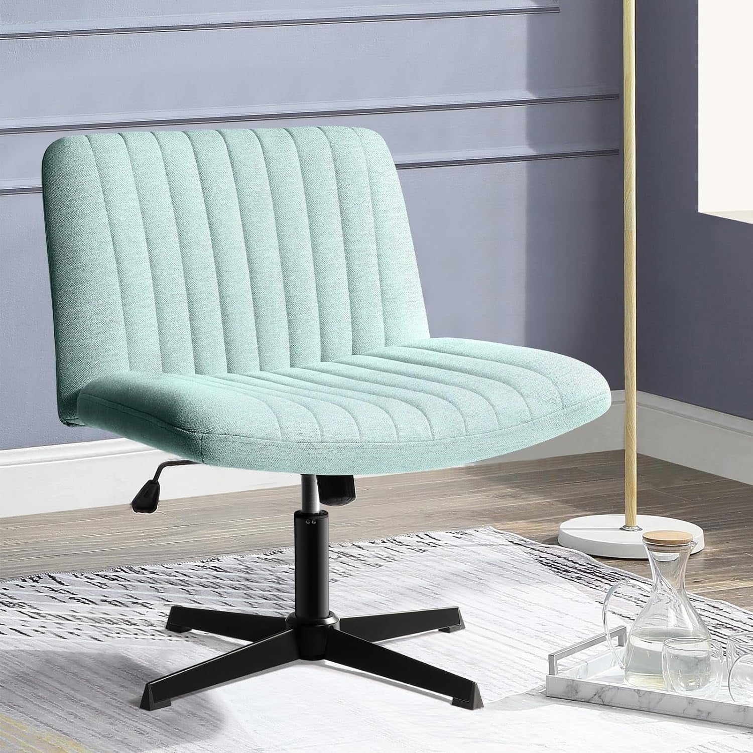 PUKAMI Armless Office Desk Chair No Wheels Fabric Padded Modern Swivel Height Adjustable Wide Seat Computer Task Vanity Chair for Home Office Mid Back