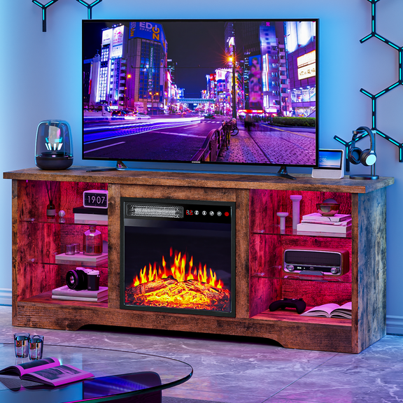PUKAMI Fireplace tv Stand with 18 inch Fireplace Up to 65" TVs,LED Light Entertainment Center and Storage, 58" Modern Wood Media TV Console with Highlight Cabinet for Living Room