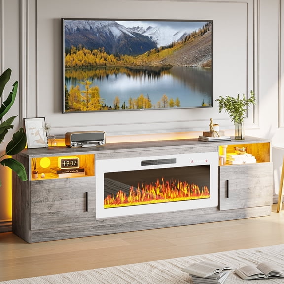 PUKAMI Fireplace tv Stand with 36 inch Fireplace Up to 80" TVs,LED Light Entertainment Center and Storage, 70" Modern Wood Media TV Console with Highlight Cabinet for Living Room