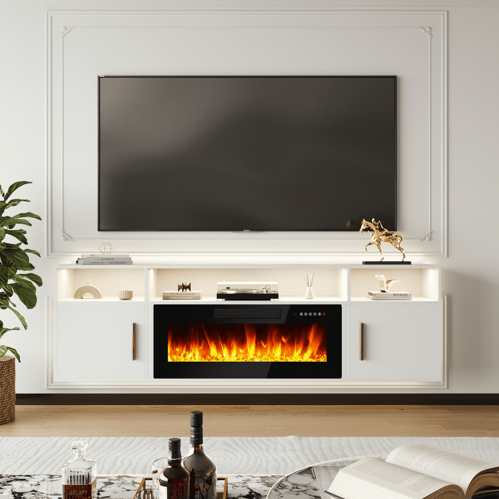 PUKAMI Floating Fireplace TV Stand 70'', Wall Mounted Entertainment Center with LED Light, Modern Media Console & Storage Cabinet for Living Room
