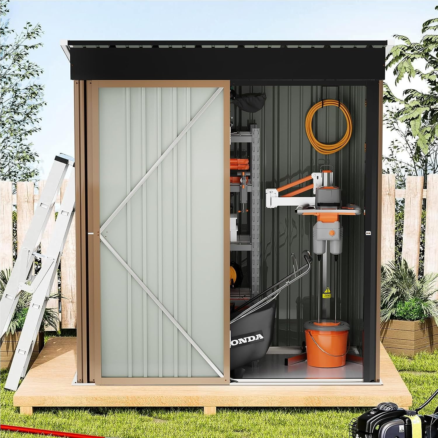 PUKAMI Outdoor Storage Shed with Floor, 5x3 FT Utility Tool Shed Storage House with Lockable Door, Steel Anti-Corrosion Garden Shed Outdoor Metal Shed for Garden Backyard Patio Lawn