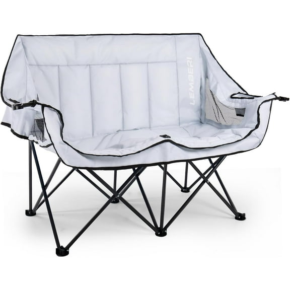 PUKAMI Oversized Double Camping Chair, 2 Person Folding Loveseat with Cup & Wine Holders, Heavy Duty Camping Couch Portable Outdoor Sofa for Beach, Picnic, Backyard (Grey)