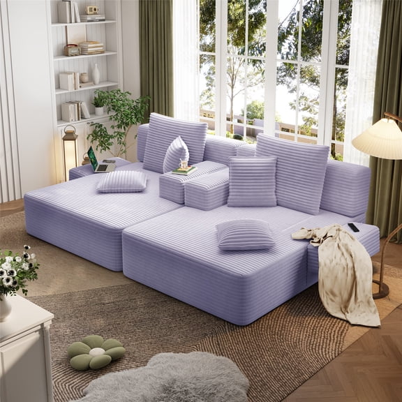 PUKNLY 2 Pack Luxurious Plush Corduroy Chaise Lounge with 3 Pillows, Convertible Sofa Bed with Storage Pocket, Frameless Design & Compression Foam for Small Spaces, Living Room, Apartment,Purple