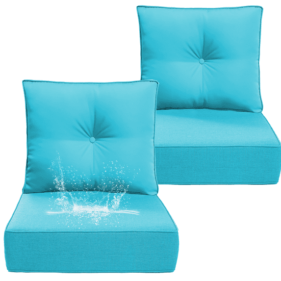 PUKNLY 2 Pack Outdoor Chair Cushion, 24x24x6 in Patio Furniture Cushions, Waterproof & Fade Resistant High Back Deep Seat Cushions Replacement for Wicker Chairs, Loveseats, Sofas, Benches, Lake Blue