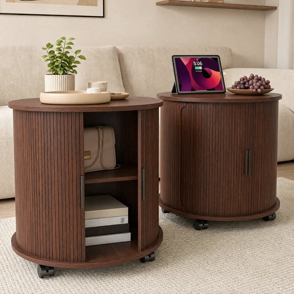 PUKNLY 2 Pcs 24" Round End Table with Charging Station, Sliding Door, 2-Tier Storage, Fluted Accent Side Table, Mid-Century Farmhouse Nightstand for Living Room, Bedroom,Walnut,Walnut,2