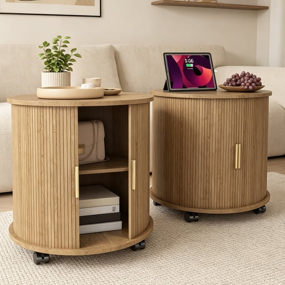 PUKNLY 2 Pcs 24" Round End Table with Charging Station, Sliding Door, 2-Tier Storage, Fluted Accent Side Table, Mid-Century Farmhouse Nightstand for Living Room, Bedroom,Natural,Natural,2