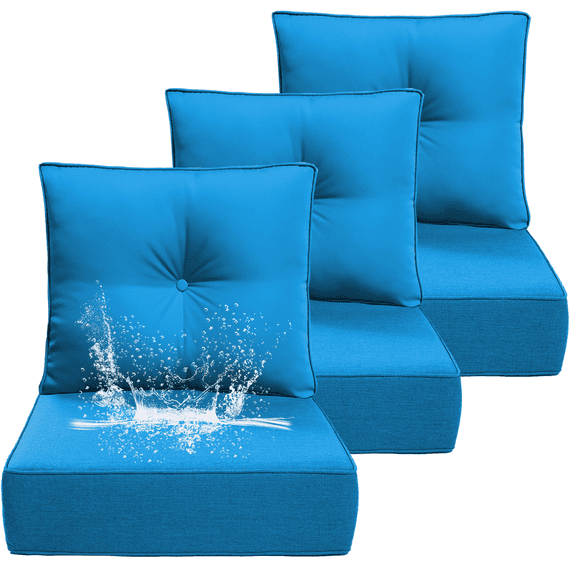 PUKNLY 3 pack Outdoor Chair Cushions, 24x24x6 in Patio Furniture Cushions, Waterproof & Fade Resistant High Back Deep Seat Cushions Replacement for Wicker Chairs, Loveseats, Sofas, Benches, Blue