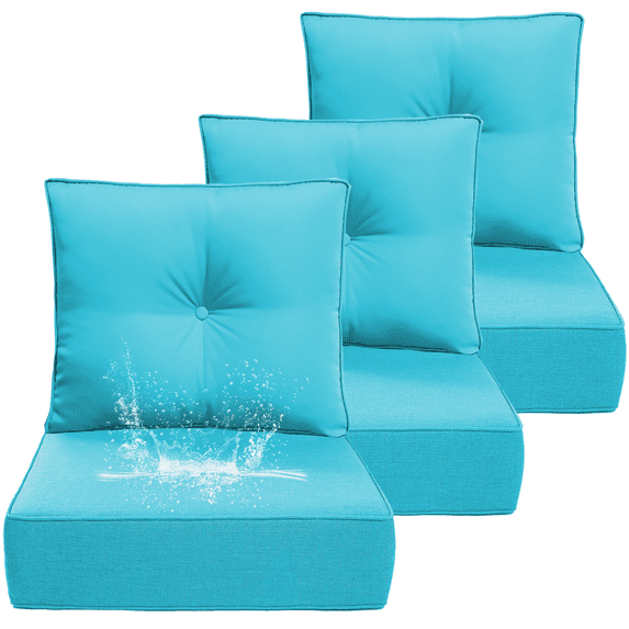 PUKNLY 3 pack Outdoor Chair Cushions, 24x24x6 in Patio Furniture Cushions, Waterproof & Fade Resistant High Back Deep Seat Cushions Replacement for Wicker Chairs, Loveseats, Sofas, Benches, Lake Blue