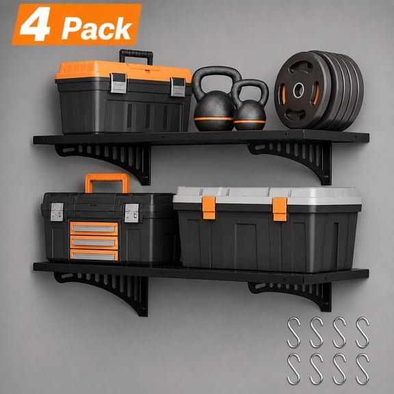 PUKNLY 4 Pack Heavy Duty Garage Wall Shelving (1.4x4ft), 2000lbs Capacity Garage Shelving Wall Mounted with Hooks, 16.5"x45.3"Garage Storage Rack Floating Shelves for Garage Organization