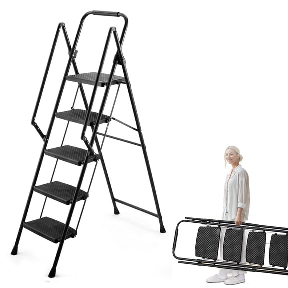 PUKNLY 5-Step Steel Ladder with Anti-Slip Wide Pedals & Safety Handle - 300lb Capacity Folding Step Stool, Lightweight Portable Ladder for Household Kitchen Use,Black,5-Step