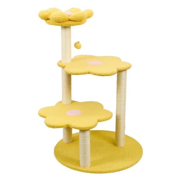 PUKNLY 40 In Cat Tree with Removable Cozy Perch & Natural Sisal Scratching Posts, Stable Yellow Daisy-Shaped Multi-Level Cat Furniture with Hanging Toy, Soft Plush Platforms, for Kittens & Cats