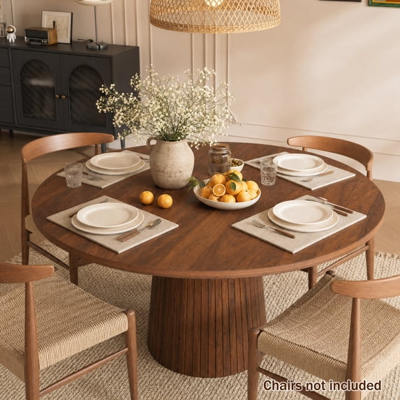 PUKNLY 47 inch Round Dining Table for 4, Circle Kitchen Table, Wood Strip Base, Modern Farmhouse Dinner Table for Living Room Dining Room,Walnut