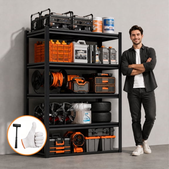 PUKNLY 5-Layer Heavy-Duty Storage Rack, Garage Storage Shelves, 4000 LBS Capacity, Hammer and Gloves, Detachable, Adjustable Shelving Unit, for Kitchen Warehouse Pantry Basement Workshop, 47x24x84 IN