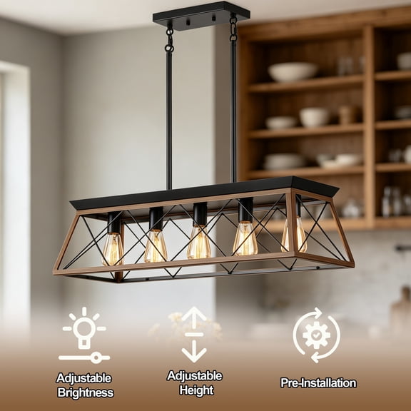 PUKNLY 5-Light Pendant Lights Fixture, UL Certified, Arrive Assembled, Rustic Island Lights for Kitchen Dining Room, Rectangular Farmhouse Chandeliers Chandelier (No Bulbs),Natural Brown