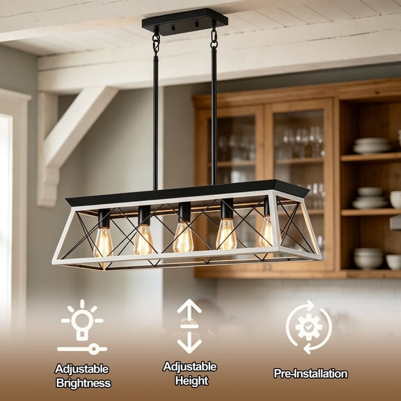 PUKNLY 5-Light Pendant Lights Fixture, UL Certified, Arrive Assembled, Rustic Island Lights for Kitchen Dining Room, Rectangular Farmhouse Chandeliers Chandelier (No Bulbs),White,White