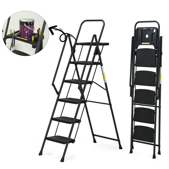PUKNLY 5-Step Ladder with Tool Tray & Non-Slip Pedals - Foldable Steel Step Stool with Handrails, Lightweight Portable Design