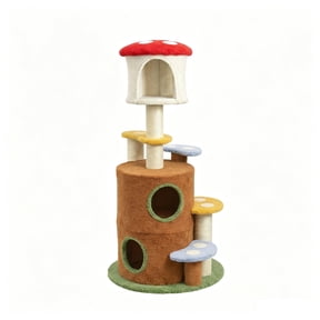 PUKNLY 59 IN Mushroom Cat Tree with Large Condo Platform & Ladder, Magical Forest-Themed Multi-Level Cat Furniture, 2 Cave Hideouts, 4 Plush Perches & Sisal Scratching Posts, for Indoor Kitten & Cats