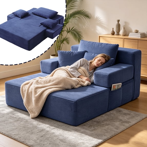 PUKNLY 60" Oversized Chaise Lounge Chair, 70" Boneless Corduroy Cloud Couch with 4 Pockets, 3 Pillows & 2 Cup Holders, Deep Seat Sleeper Sofa Bed for Living Room Bedroom Apartment, No Assembly,Blue
