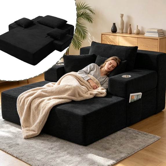 PUKNLY 60" Oversized Chaise Lounge Chair, 70" Boneless Corduroy Cloud Couch with 4 Pockets, 3 Pillows & 2 Cup Holders, Deep Seat Sleeper Sofa Bed for Living Room Bedroom Apartment, No Assembly,Black