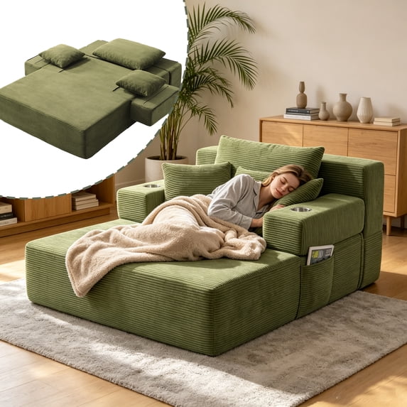 PUKNLY 60" Oversized Chaise Lounge Chair, 70" Boneless Corduroy Cloud Couch with 4 Pockets, 3 Pillows & 2 Cup Holders, Deep Seat Sleeper Sofa Bed for Living Room Bedroom Apartment, No Assembly,Green