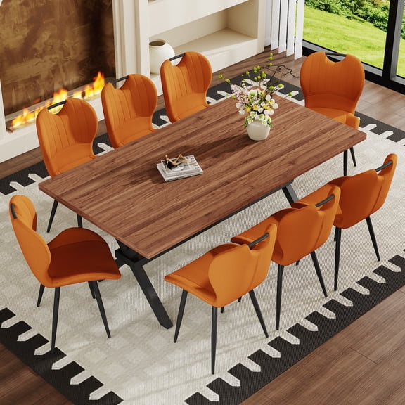 PUKNLY 71" x 35.4" Dining Table with 8 Orange Fabric Chair Set, Dining Furniture Sets for 8 People, Modern Rustic Design with Integrated Handle Chairs, for Dining Room Kitchen Office