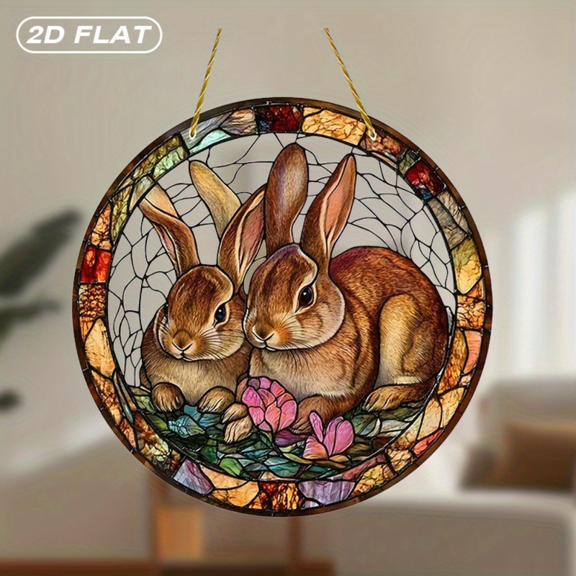 PUKNLY 8 Inch Stained Glass Window Hanging, Acrylic Rabbits Floral Stained Glass Suncatcher, Home Garden Porch Decor, Rabbits Lover Gift for Women, Couples, Best Friend, Family, Colleague, Classmate