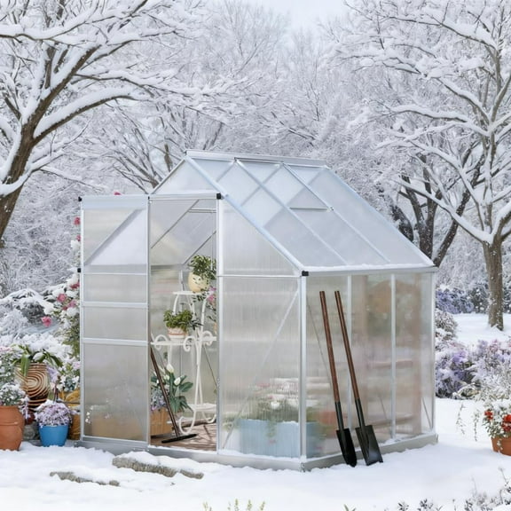 PUKNLY Aluminum Greenhouse with Adjustable Roof Vent  for Winter - 6.2x6.2x6.6 FT Heavy Duty Silver Structure with Rain Gutter & Sliding Door for Year-Round Gardening