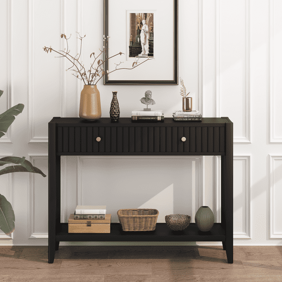 PUKNLY Console Table, Narrow Wood Accent Sofa Table Entryway Table with Drawers & Storage Shelf for Entryway, Front Hall, Hallway, Living Room, Black